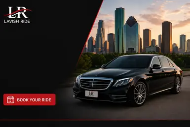 Luxury long-distance transportation from Houston featuring a chauffeur-driven Mercedes sedan and Houston skyline backdrop.