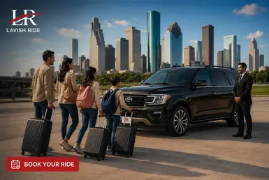 Family with luggage approaches a black luxury SUV and professional chauffeur in Houston for comfortable and reliable long-distance transportation.