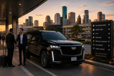 Luxury ground transportation across Greater Houston with black Cadillac Escalade, business travelers, and Houston skyline backdrop.