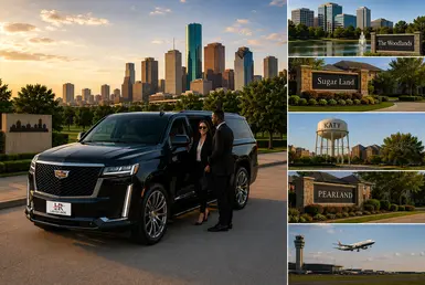 Luxury transportation service across Houston’s major suburban districts featuring a black Cadillac Escalade, professional travelers, and upscale suburban city connections throughout Greater Houston.