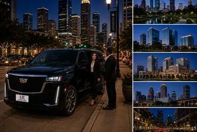 Luxury travel services within Houston’s major urban districts featuring a black Cadillac Escalade, professional travelers, and executive transportation across Downtown Houston, Galleria, Texas Medical Center, Museum District, and River Oaks.