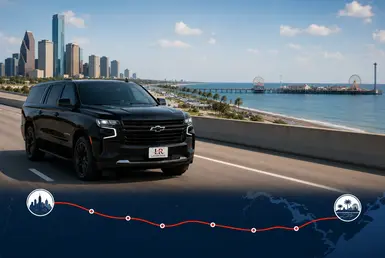 Black Chevrolet Suburban luxury SUV with Lavish Ride branded license plate driving along Houston’s Gulf Coast Corridor highway toward Galveston Island with coastal views, skyline, and premium transportation service graphics.
