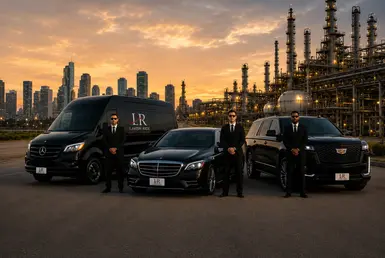 Luxury industrial transportation fleet featuring black executive SUVs, Mercedes-Benz Sprinter van, and professional chauffeurs operating throughout Greater Houston’s refinery, chemical plant, oil and gas, and industrial energy corridors at sunset.