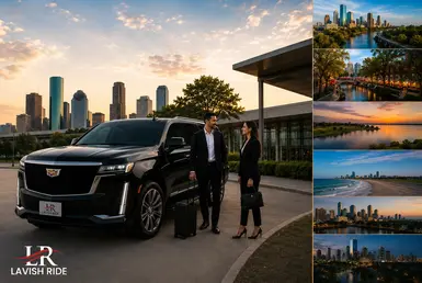 Luxury long-distance regional transportation from Houston featuring a black Cadillac Escalade, professional travelers, and executive travel connections to major Texas cities including Austin, Dallas, San Antonio, Galveston, and New Orleans.