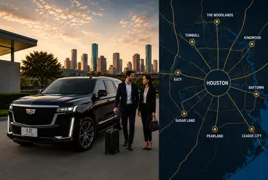 Luxury transportation across Houston suburbs featuring a black Cadillac Escalade, professional travelers, and regional connections between major suburban communities surrounding Greater Houston.