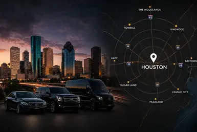 Houston skyline and surrounding communities representing Lavish Ride social event transportation services across Houston, Sugar Land, The Woodlands, and Galveston.