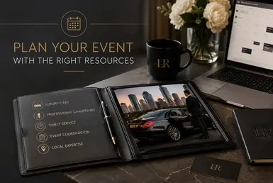 Lavish Ride social event transportation planning resources displayed on laptop and mobile devices with Houston skyline background.