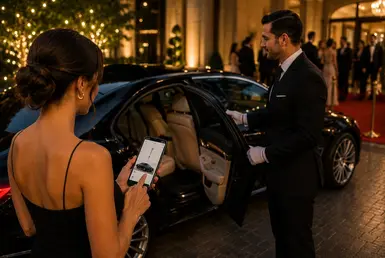 Woman books Houston event transportation on her smartphone while a professional chauffeur welcomes her beside a black luxury sedan at an elegant evening venue.
