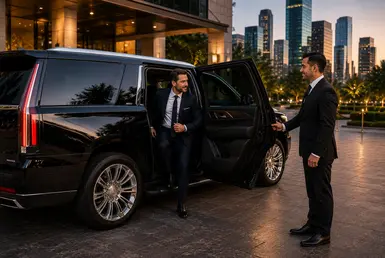 Businessman exits a black Cadillac Escalade as a professional chauffeur holds the rear passenger door outside an upscale Houston business destination.