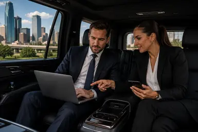 Business executive works on a laptop while his female assistant discusses business and holds a smartphone inside a luxury black SUV in Houston.