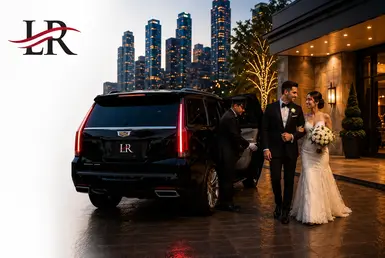 Luxury wedding transportation at Houston hotels and wedding venues with black Cadillac Escalade chauffeur service and newlywed couple arrival