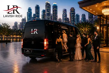 Luxury Houston wedding group transportation for guests with chauffeur-driven Sprinter van service at wedding venue hotel entrance
