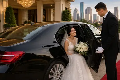 Houston wedding limousine service featuring a luxury black chauffeured vehicle with bride and professional chauffeur at an elegant wedding venue