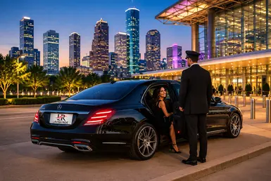 Professional chauffeur beside a luxury black sedan outside a Houston event venue, representing reliable and premium venue transportation services.