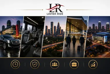 Houston professional venue transportation infographic featuring luxury chauffeur service, convention centers, executive travel, and event transportation benefits.