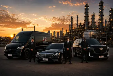 Luxury executive transportation fleet featuring a black Mercedes-Sprinter van, Mercedes-Benz S-Class sedan, & Cadillac Escalade with professional chauffeurs at sunset, representing Houston’s refinery and energy corridors' premium transportation services.