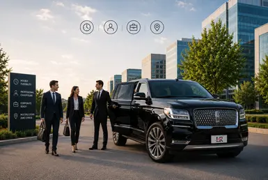 Energy Corridor Hourly Chauffeur service with a luxury Lincoln Navigator and corporate professionals outside modern office buildings in Houston.