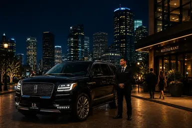 Alt: Luxury black Lincoln Navigator with Lavish Ride branded license plate and professional chauffeur outside upscale Downtown Houston restaurants and nightlife destinations with illuminated Houston skyline at night.