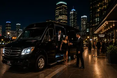Professional chauffeur assisting a stylish group exiting a black Mercedes-Benz Sprinter van in Downtown Houston nightlife district with illuminated skyline, upscale venues, and Lavish Ride branded luxury transportation service at night.