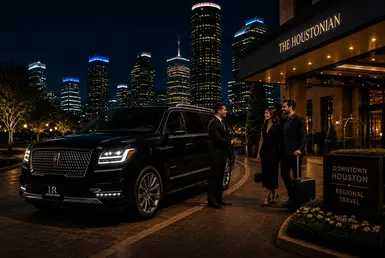 Luxury black Lincoln Navigator with Lavish Ride branded license plate parked outside an upscale Downtown Houston hotel as a professional chauffeur greets elegant travelers beneath the illuminated Houston skyline at night.