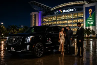 Luxury chauffeur service at NRG Stadium with a Cadillac Escalade, professional chauffeur, and FIFA World Cup 2026 venue transportation in Houston.