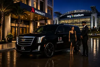 Luxury hotel transportation near NRG Stadium in Houston featuring Cadillac Escalade chauffeur service with hotel pickup and drop-off for events and stadium travel.
