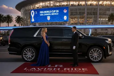 AI Image of Luxury black car service for FIFA World Cup 2026, featuring a chauffeur-driven SUV and red carpet arrival at the stadium.