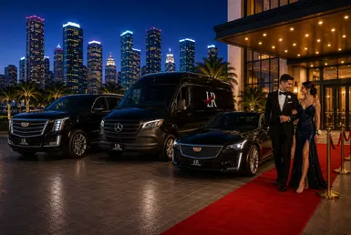 Luxury vehicle options for Houston prom transportation featuring a Cadillac Escalade, Mercedes Sprinter van, and Cadillac CT5 sedan with a formally dressed couple outside a luxury hotel in downtown Houston.