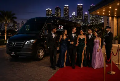 Group Prom Transportation & Coordination with a luxury Mercedes Sprinter van, professional chauffeur, and a group of students arriving together for prom in downtown Houston.