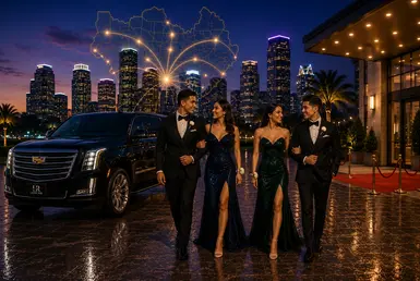 Luxury prom limo service in Houston featuring two elegantly dressed prom couples arriving in a Cadillac Escalade with the Houston skyline, showcasing safe, reliable transportation across Houston and surrounding areas.