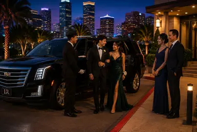 Parents confidently seeing off their teens with Lavish Ride Houston prom transportation, featuring a professional chauffeur, luxury Cadillac Escalade, and safe, reliable chauffeur service for prom night.