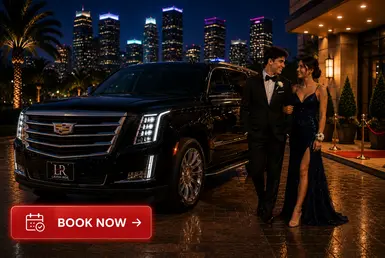Book Your Houston Prom Limo Service with a luxury Cadillac Escalade, elegantly dressed prom couple, professional chauffeur service, and convenient online booking for a memorable prom night in Houston.