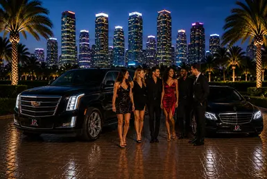Luxury Birthday Transportation in Houston featuring a Cadillac Escalade, professionally dressed friends, and premium chauffeur service for stylish birthday celebrations and special nights out in Houston.