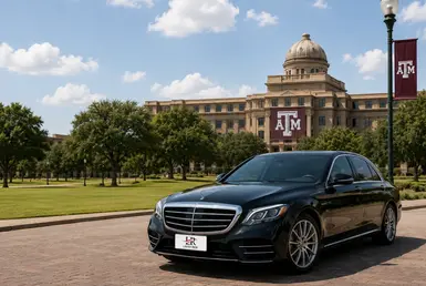 Luxury car service to Texas A&M University featuring a Mercedes sedan parked on campus in College Station.