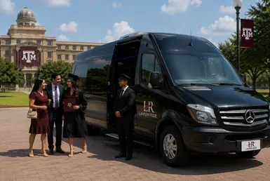 Graduation transportation for Texas A&M University with a luxury Mercedes Sprinter van and professional chauffeur service.