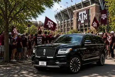 Fans arriving at Kyle Field in a luxury Lincoln Navigator for Texas A&M Aggies football transportation in College Station.