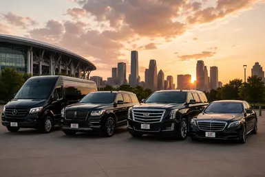 Luxury vehicles for Houston to College Station transportation featuring a Mercedes Sprinter van, Lincoln Navigator, Cadillac Escalade, and Mercedes-Benz sedan with professional chauffeur service.