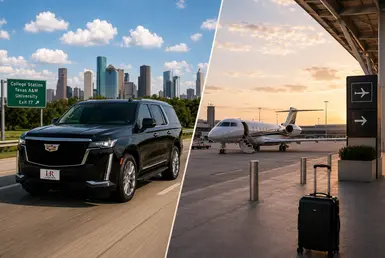 Private transportation vs flying to College Station, featuring a luxury chauffeur-driven vehicle as a convenient alternative to air travel.