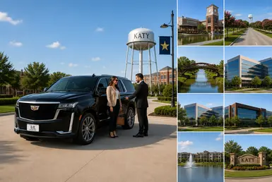 Professional travel services throughout Katy and West Houston featuring a luxury Cadillac Escalade, professional chauffeur, and executive black car transportation for business travelers.