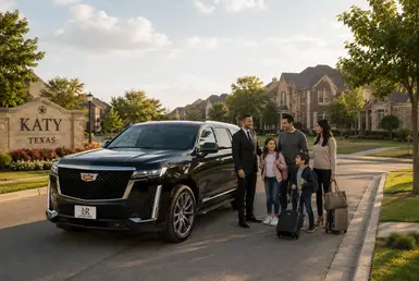 Family transportation service in Katy featuring a luxury Cadillac Escalade, professional chauffeur, and safe regional travel for all ages.