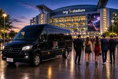 Luxury Mercedes Sprinter van providing NRG Stadium transportation with professional chauffeur service for concerts, sports, and special events.