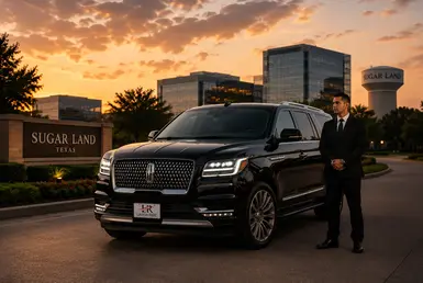 Luxury black Lincoln Navigator with Lavish Ride branded license plate and professional chauffeur providing upscale transportation between Sugar Land and Houston destinations with Houston skyline backdrop at sunset.