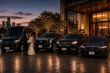 Luxury wedding getaway vehicle options in Houston featuring a Cadillac Escalade, Lincoln Navigator, Mercedes Sprinter, and Mercedes-Benz sedan with professional chauffeur service.