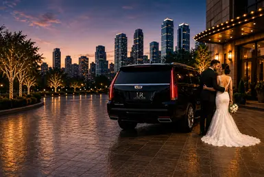 Luxury wedding getaway car in Houston with a bride, groom, and premium chauffeur service featuring a decorated Cadillac Escalade.