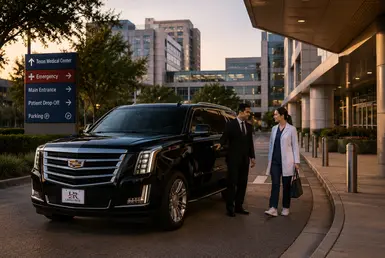 Medical district transportation from Pearland with luxury black car service, professional chauffeur, and Texas Medical Center hospital transfer.