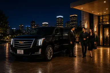 Luxury black Cadillac Escalade with Lavish Ride branded license plate providing private chauffeur and hourly car service with professional chauffeur greeting elegant travelers outside an upscale city hotel at night.