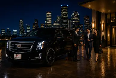 Luxury black Cadillac Escalade with Lavish Ride branded license plate providing regional transportation from Pearland to Downtown Houston with professional chauffeur, elegant travelers, and illuminated Houston skyline at night.