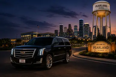 Luxury black Cadillac Escalade with Lavish Ride branded license plate representing Pearland’s growing regional role with Pearland landmarks, illuminated Houston skyline, and modern business development at dusk.