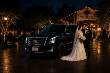 Alt: Elegant bride and groom beside a luxury black Cadillac Escalade with Lavish Ride branded license plate outside a Montgomery wedding venue at night, representing premium wedding and special event transportation services.