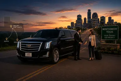 Luxury black Cadillac Escalade with Lavish Ride branded license plate providing long-distance and regional private transportation from Montgomery with professional chauffeur, elegant travelers, Texas highway routes, and illuminated city skyline at sunset.